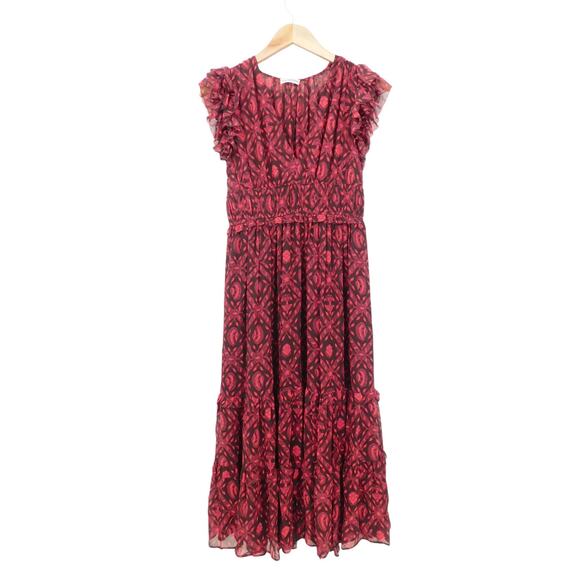 Ulla Johnson Fuchsia Ruffled‎ 100% Silk Anika Cap Sleeve Midi Dress Size 2 - Picture 3 of 8